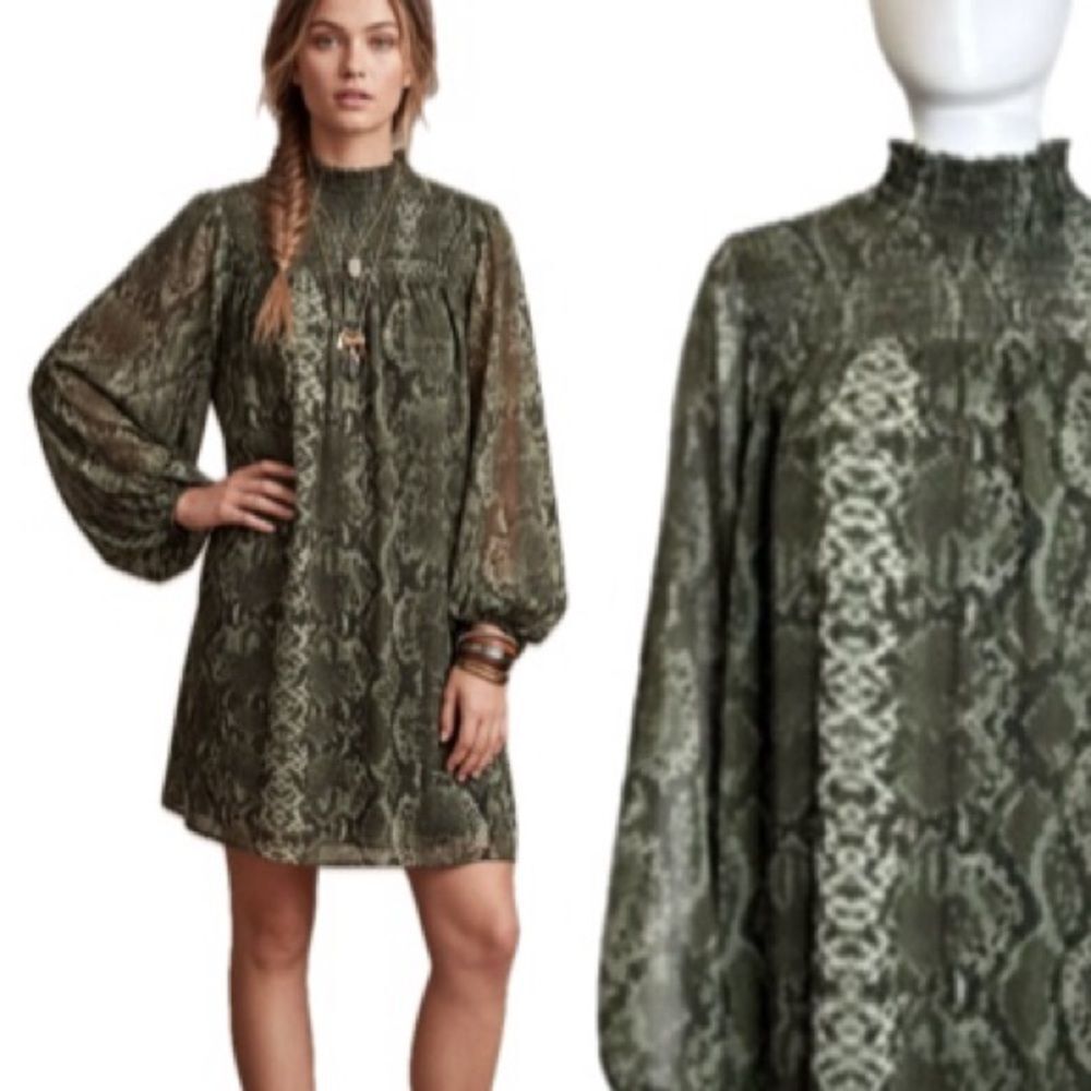 H&M Snakeskin Print Babydoll Tent Dress Size 6 Smocked Neck Long Balloon Sleeve